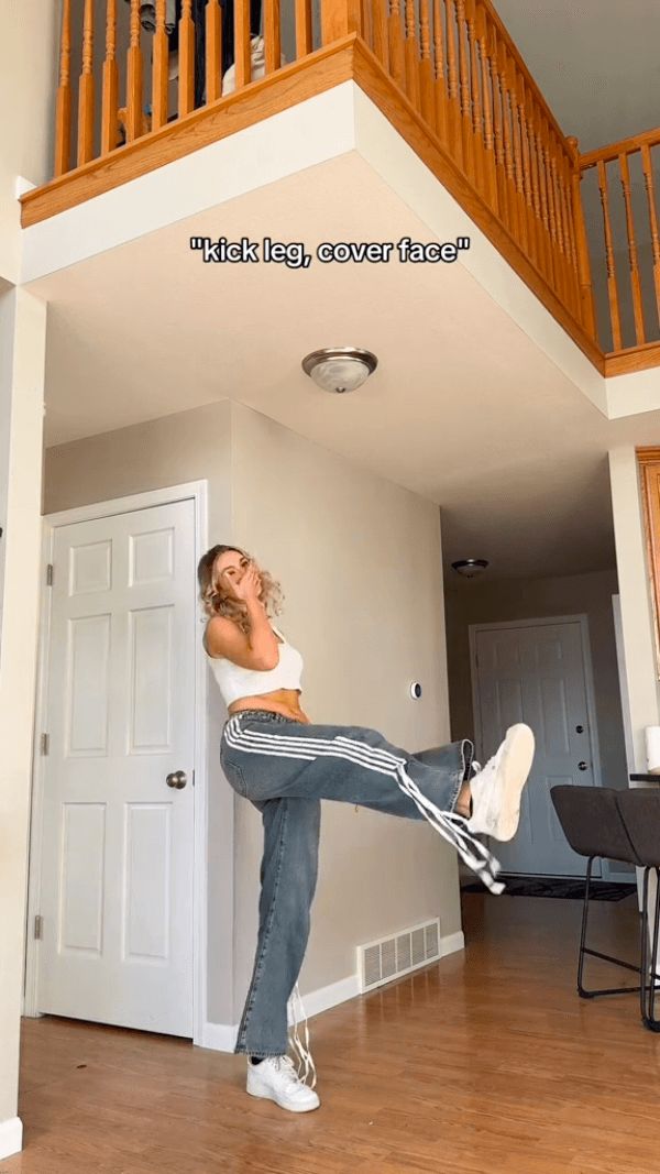 kick leg, cover face